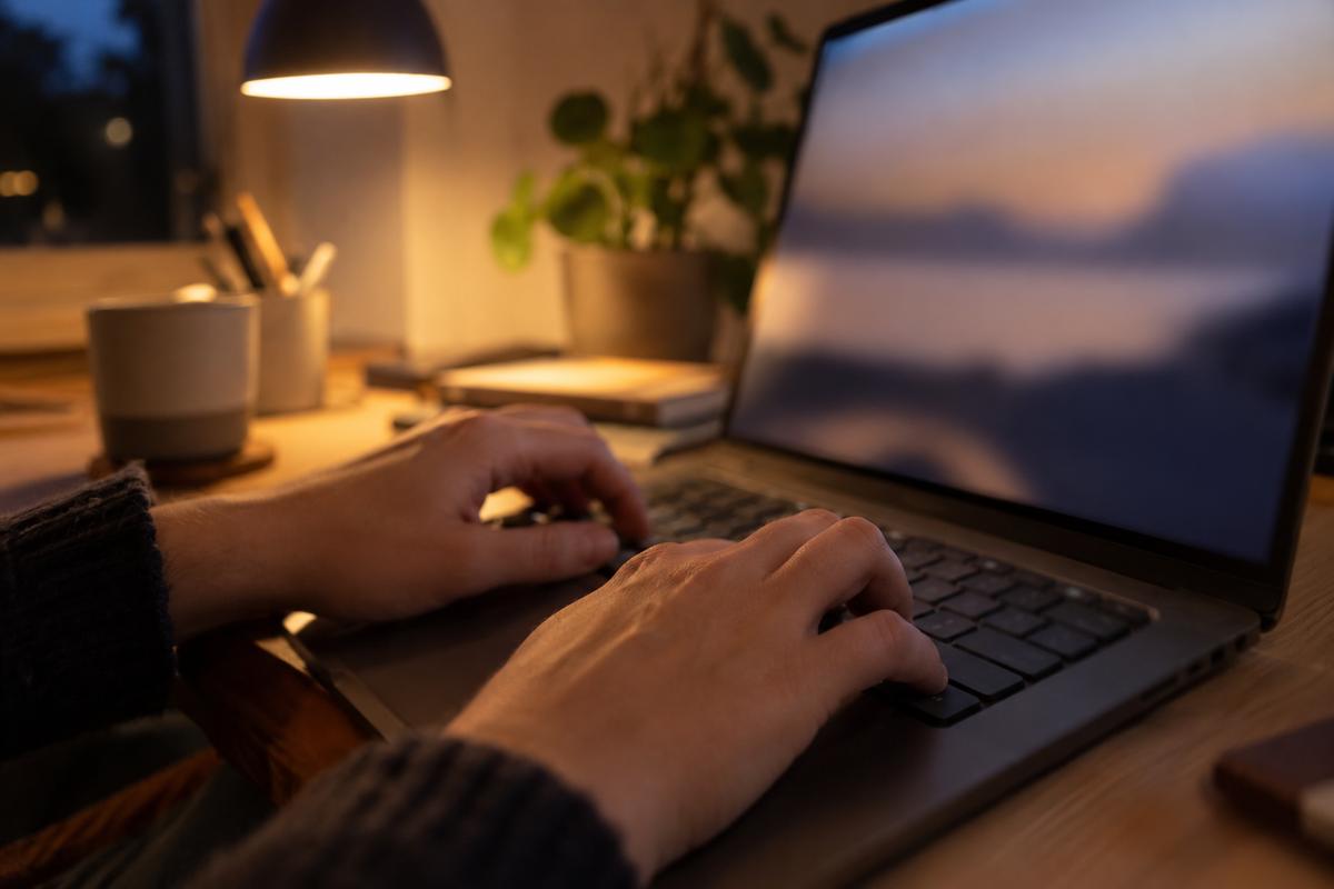 Handen die 's avonds typen op een laptop onder een bureaulamp