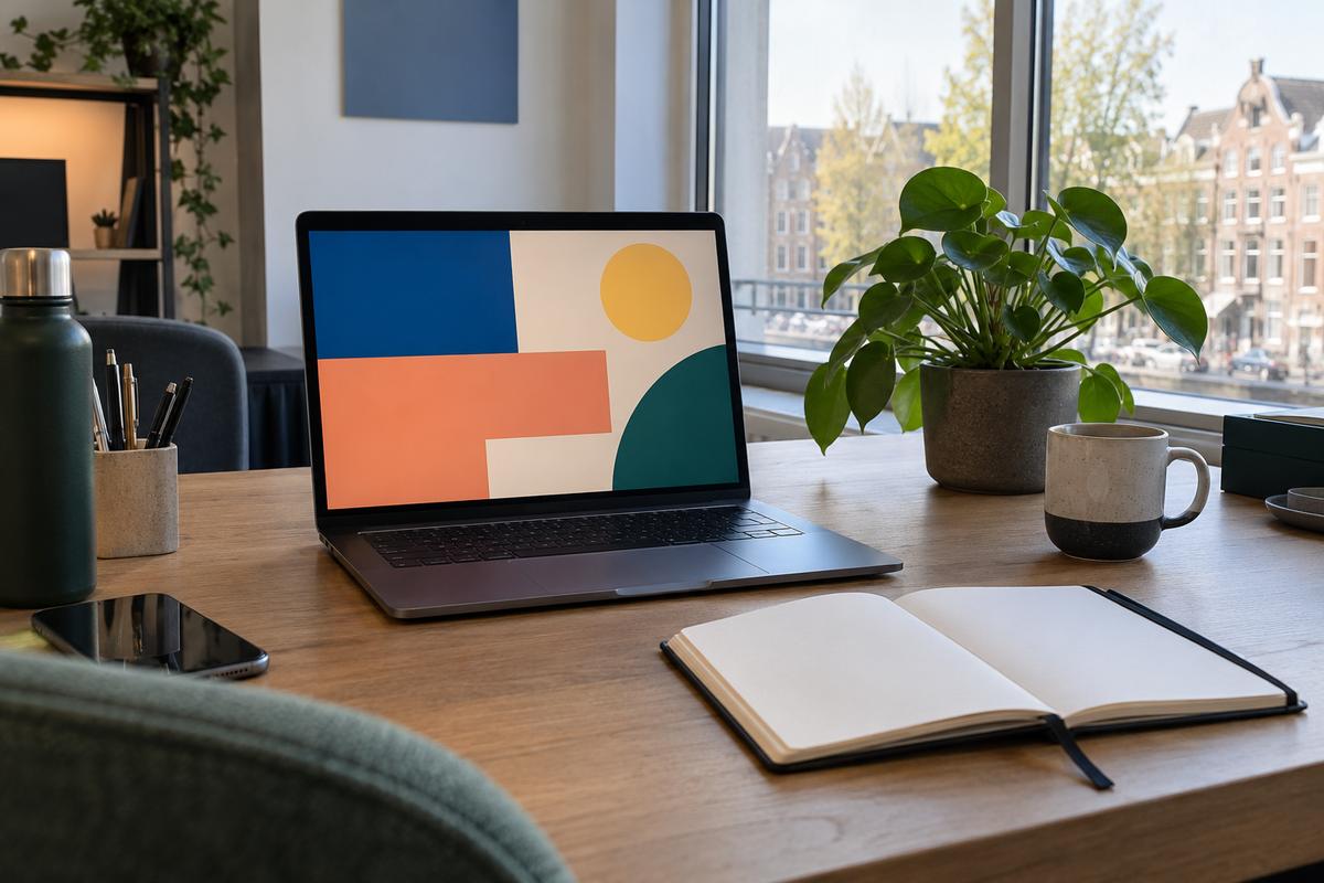 Bureau met een laptop, een open notitieboek en een plant bij een raam met uitzicht op een grachtenpand