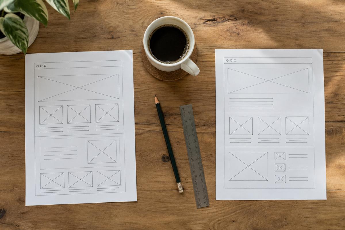 Twee geprinte schetsen van websitelay-outs naast elkaar op een houten tafel, met een potlood, een liniaal en een kop koffie