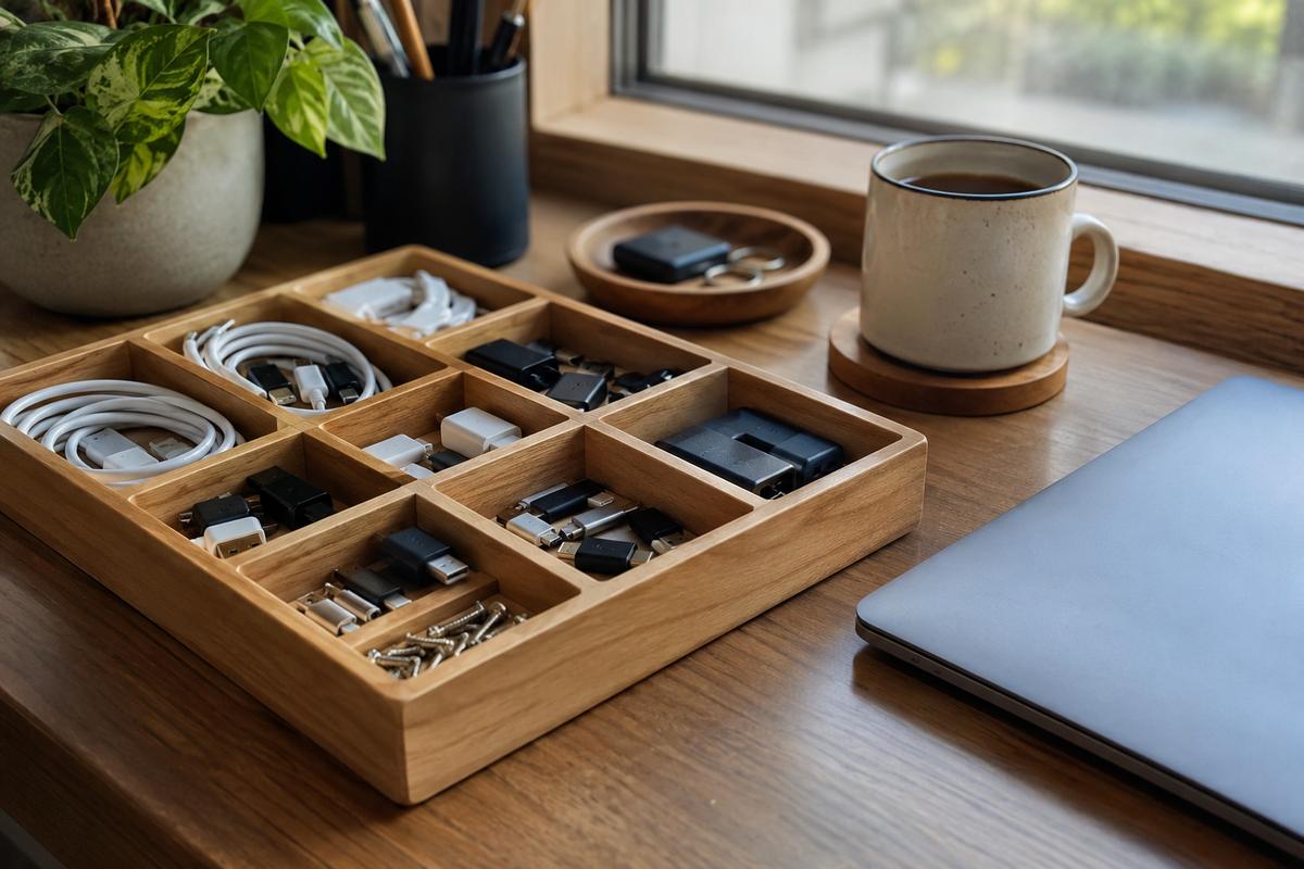 Houten sorteerbak met vakjes vol USB-stekkers, adapters en kabels op een bureau bij het raam, naast een koffiemok en een dichtgeklapte laptop