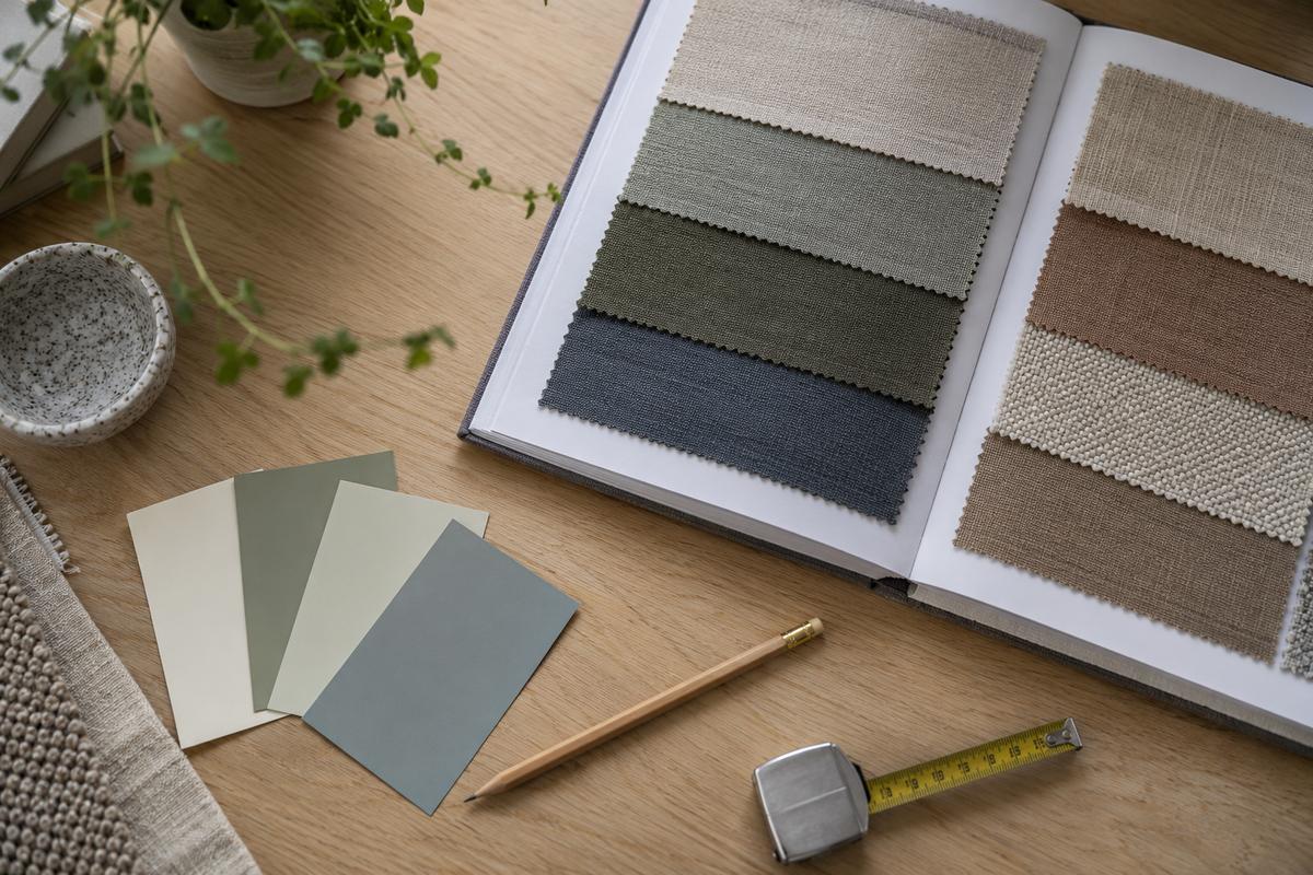 Opengeslagen stalenboek met stofstalen in verschillende kleuren op een houten werktafel, met verfkaarten, een potlood en een meetlint
