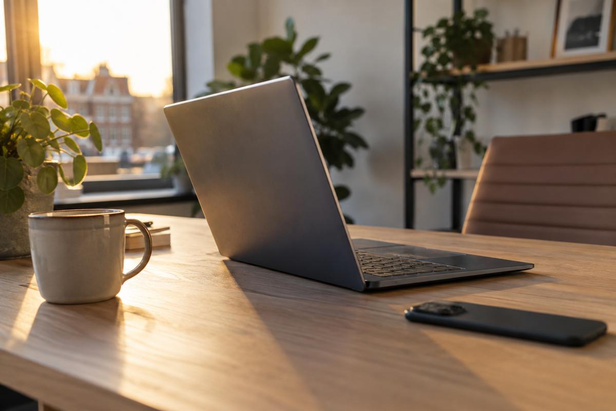Opengeklapte laptop op een eikenhouten bureau in de middagzon, met een koffiemok, een plant en een telefoon